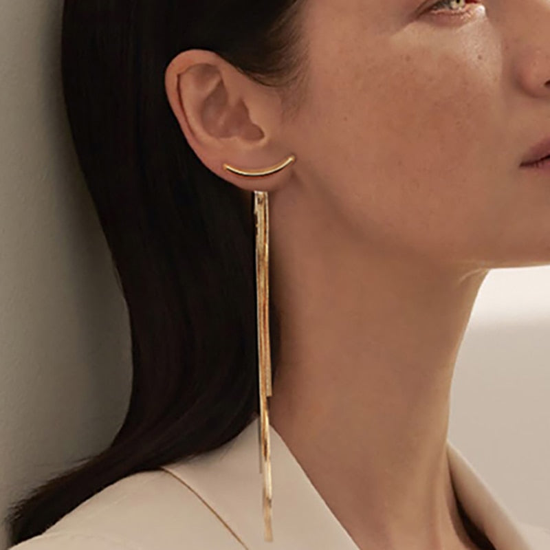 Korean Glossy Arc Bar Long Tassel Earrings