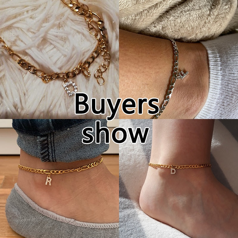 Crystal Zircon Initial Letter Anklets For Women Stainless Steel Ankle Bracelet On The Leg Chain Boho Women Jewelry Gifts