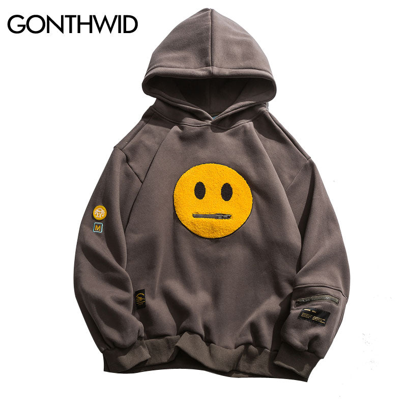 GONTHWID poche à fermeture éclair sourire visage Patchwork polaire sweats à capuche Streetwear hommes Hip Hop pull décontracté à capuche hommes hauts