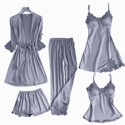 Satin Lace Pajamas Set Women Strap Top Pants Sleepwear Sleep Suit Spring Autumn Pyjamas Home Wear Nightwear Robe Gown M-XXL