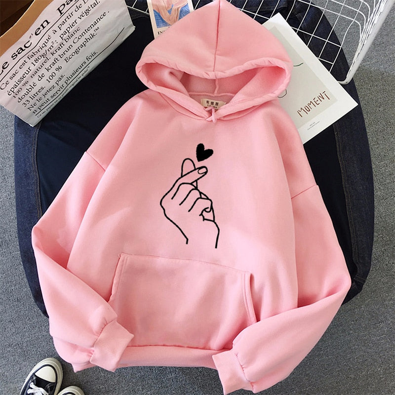 Women Hoodies Casual Kpop Finger Heart Love Pattern Hoody Sweatshirts Fashion Hoodie Long Sleeve Female Pullovers Streetwear