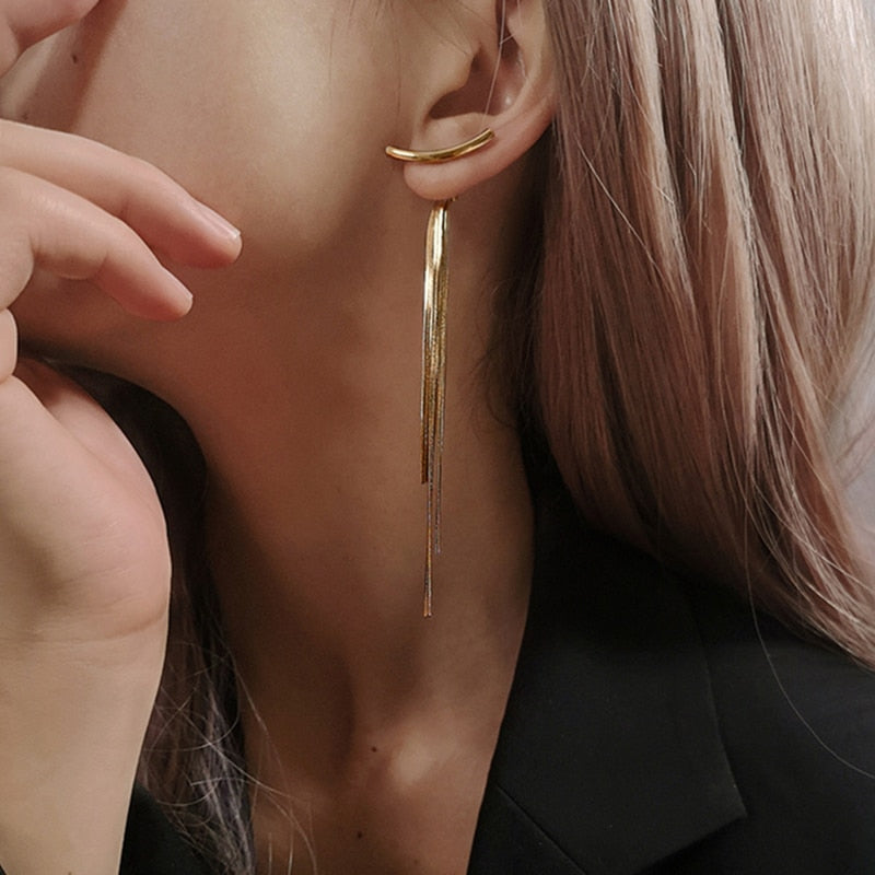 Boucles d'oreilles longues à pampilles coréennes brillantes en forme d'arc