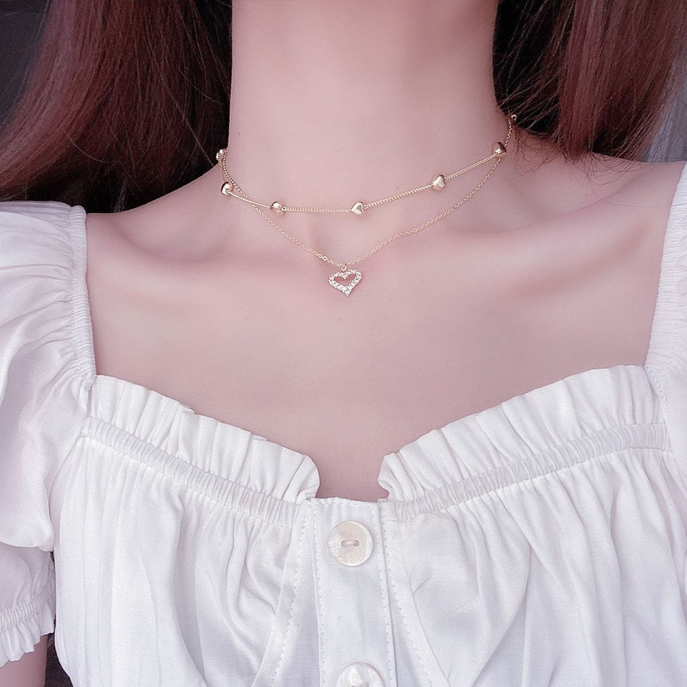 Collier Coeur Double Couche en Or Plaqué 14k