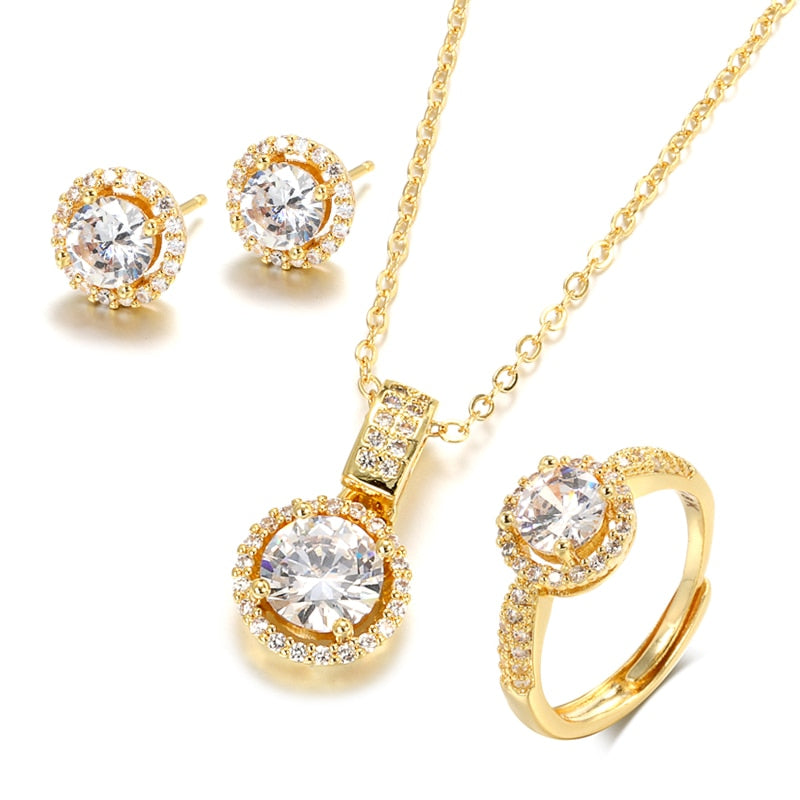 Kinel 18K Gold Zircon Ring Necklace Earring