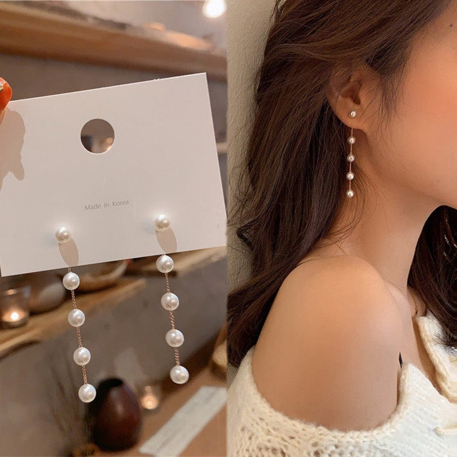 Trend Simulation Pearl Long Earrings