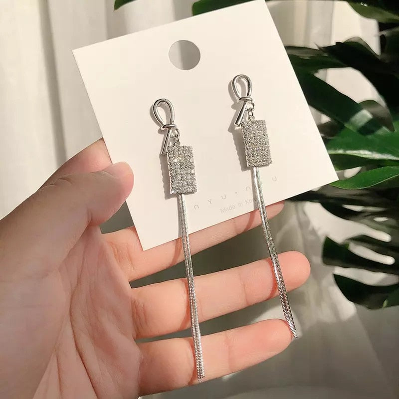 Korean Glossy Arc Bar Long Tassel Earrings