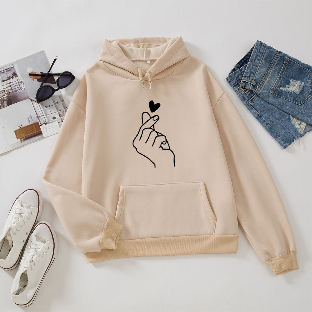 Women Hoodies Casual Kpop Finger Heart Love Pattern Hoody Sweatshirts Fashion Hoodie Long Sleeve Female Pullovers Streetwear