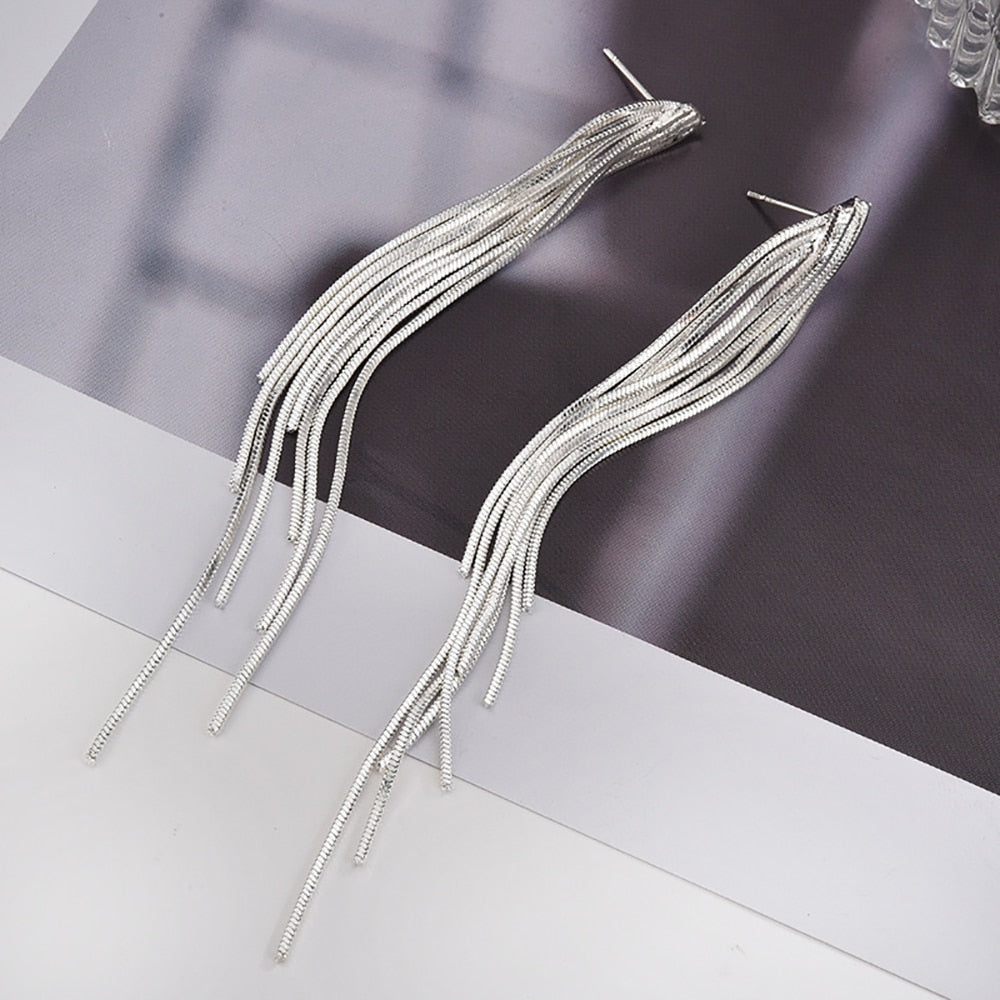 Korean Glossy Arc Bar Long Tassel Earrings