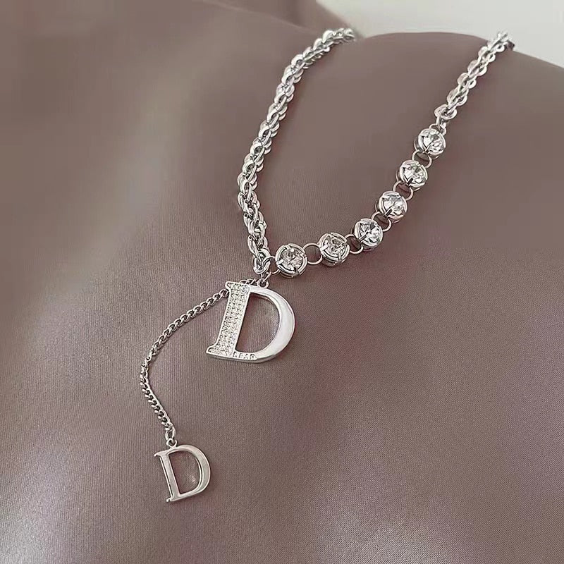 Zircon D Letter Pendant Long Necklace