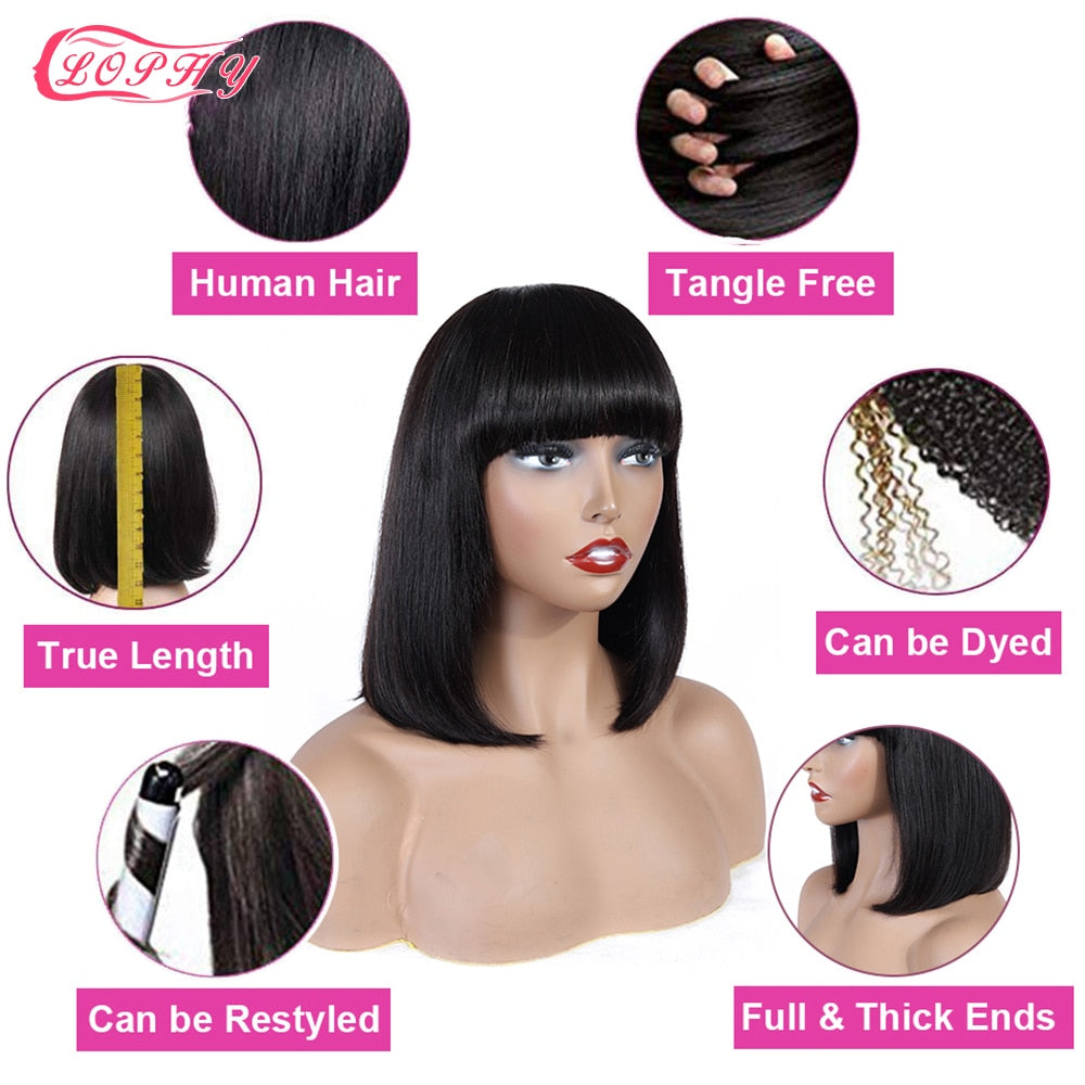 Straight Bob Wig with Bangs Cheap Human Hair