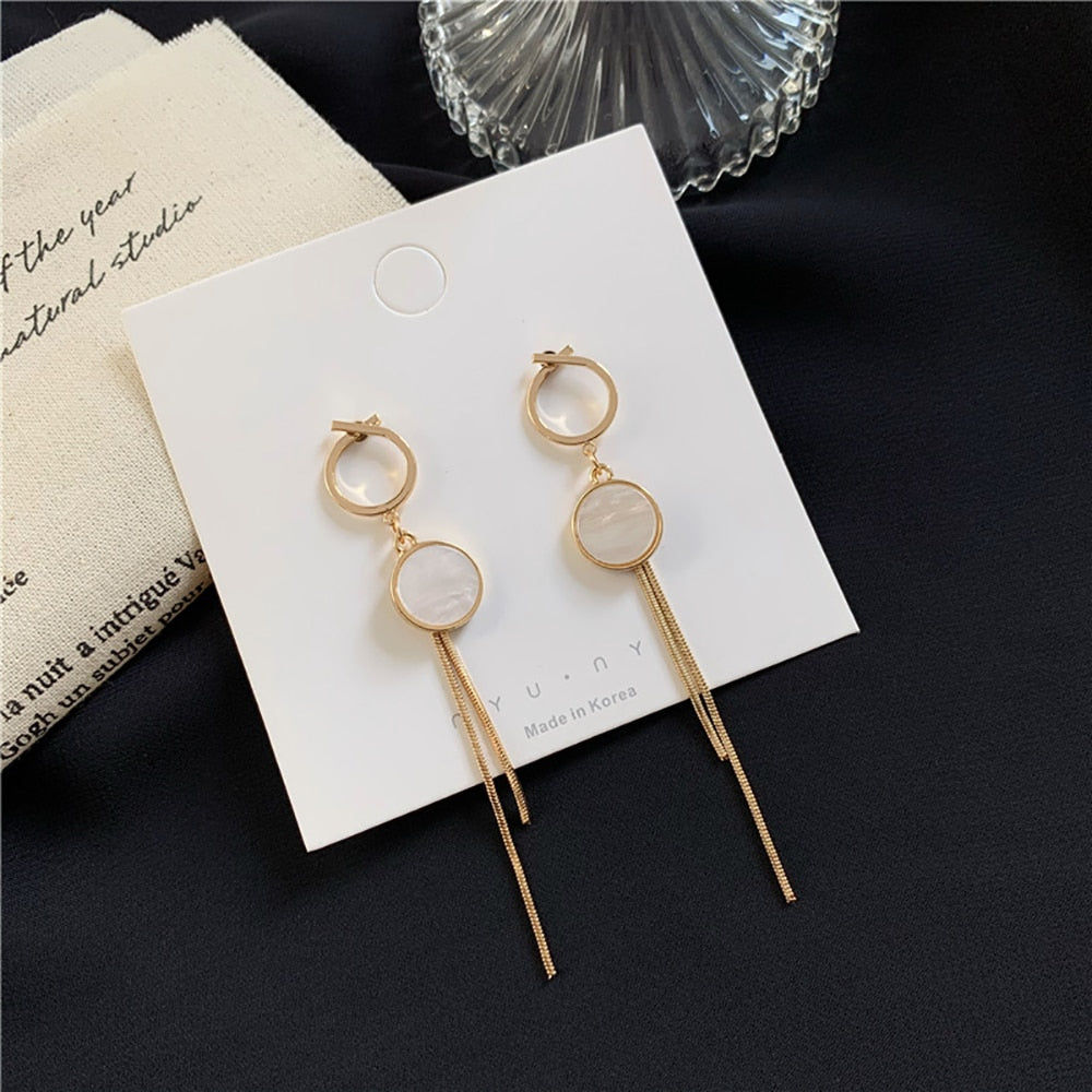 Korean Glossy Arc Bar Long Tassel Earrings