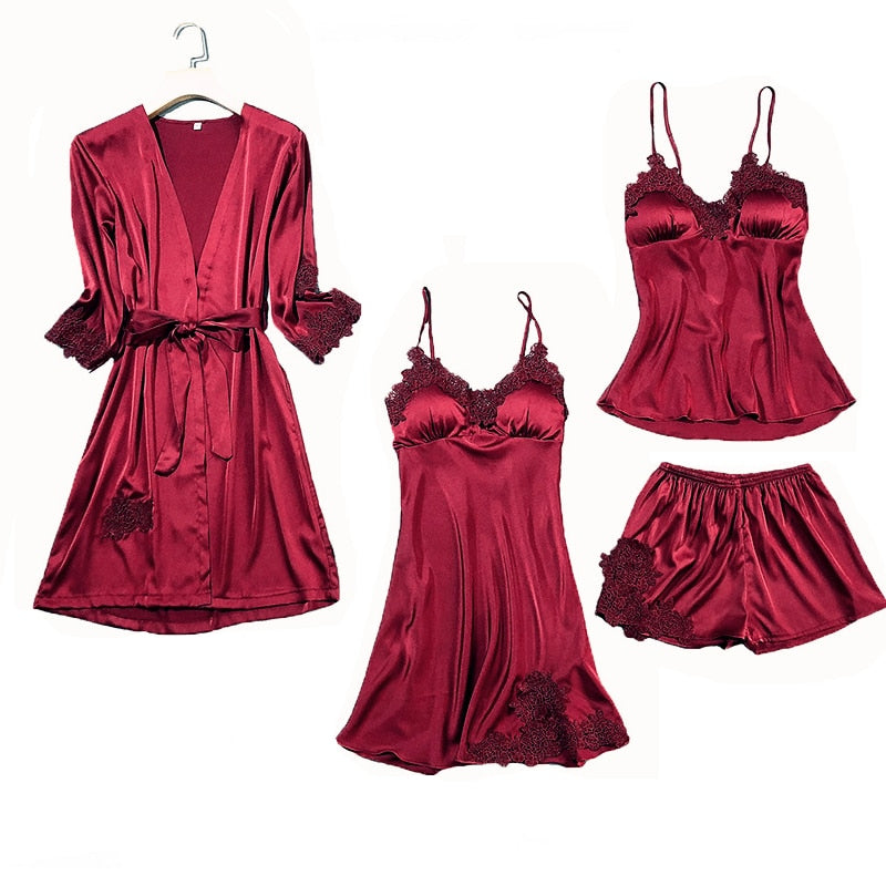 Satin Lace Pajamas Set Women Strap Top Pants Sleepwear Sleep Suit Spring Autumn Pyjamas Home Wear Nightwear Robe Gown M-XXL