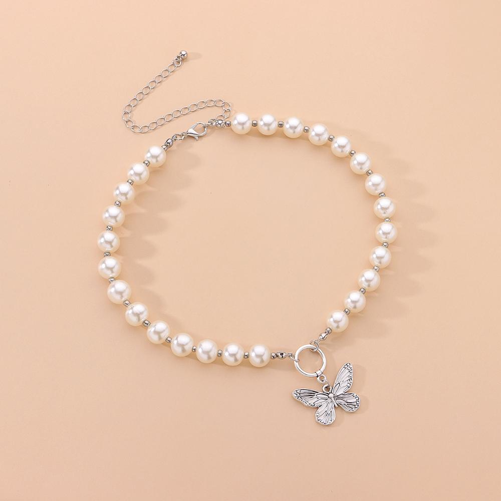 Antique Pearl Chain Necklace With Butterfly