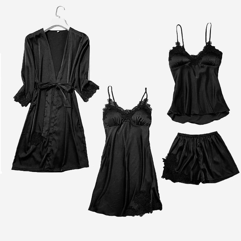 Satin Lace Pajamas Set Women Strap Top Pants Sleepwear Sleep Suit Spring Autumn Pyjamas Home Wear Nightwear Robe Gown M-XXL