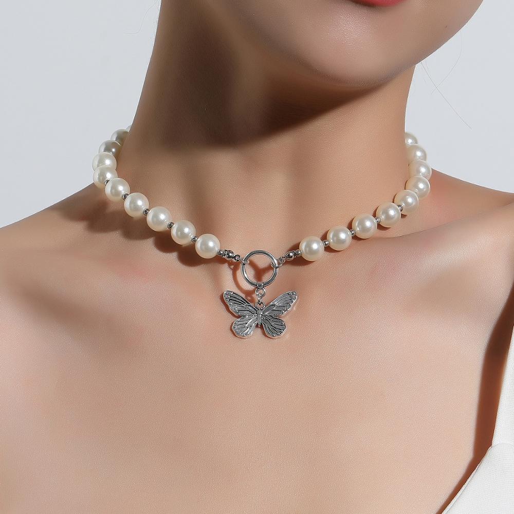 Antique Pearl Chain Necklace With Butterfly