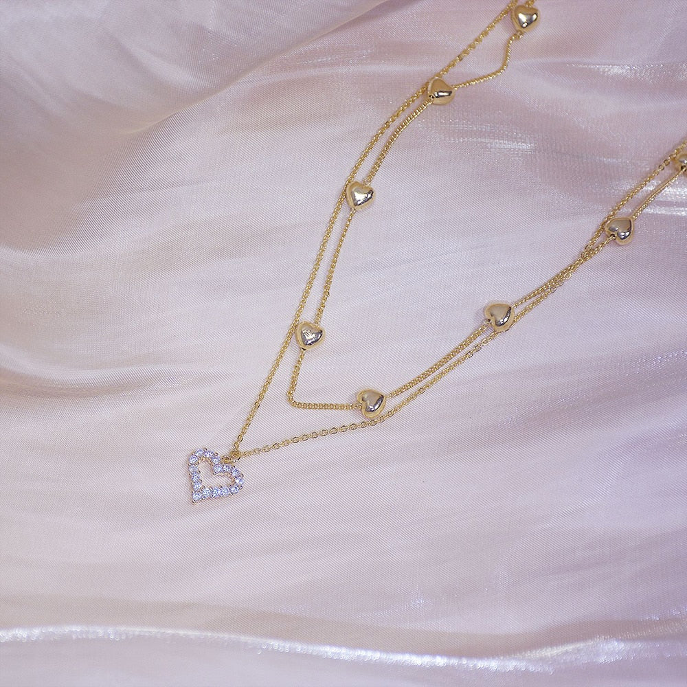 Collier Coeur Double Couche en Or Plaqué 14k