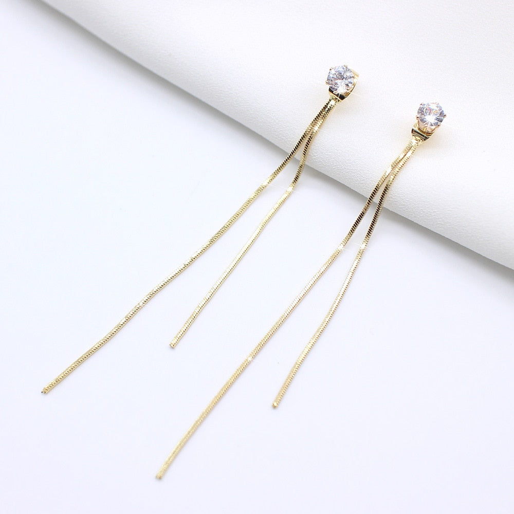 Korean Glossy Arc Bar Long Tassel Earrings