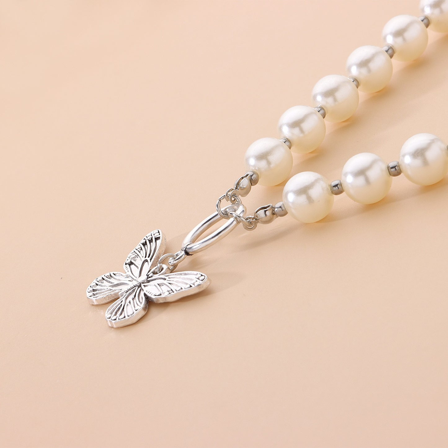 Antique Pearl Chain Necklace With Butterfly