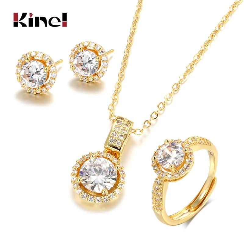 Kinel 18K Gold Zircon Ring Necklace Earring