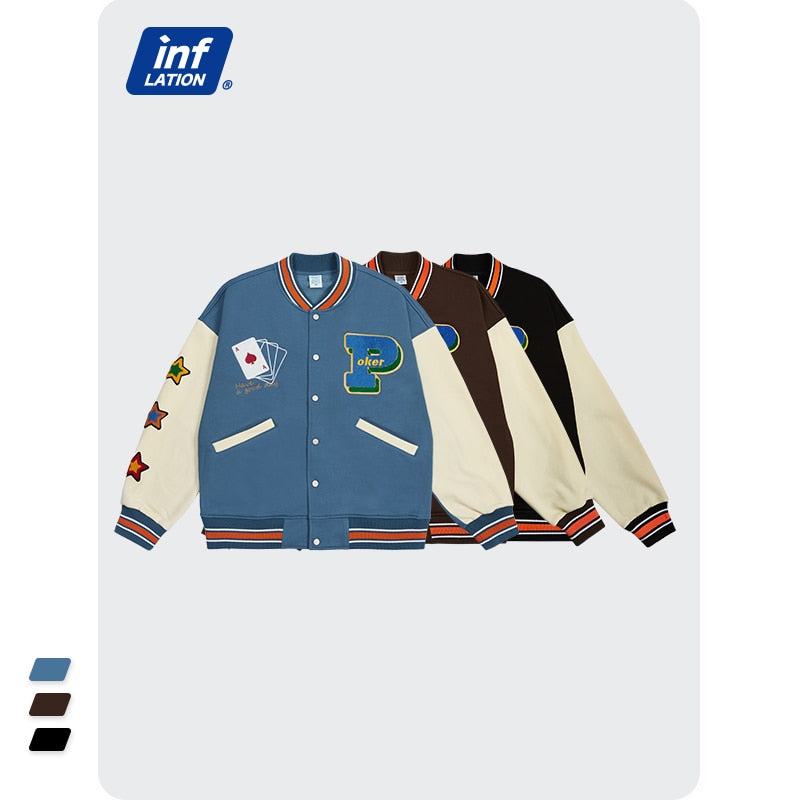 INFLATION Streetwear Vintage Baseball Veste Hommes Haute Qualité Serviette Broderie Veste Couple Polaire Bomber Manteau