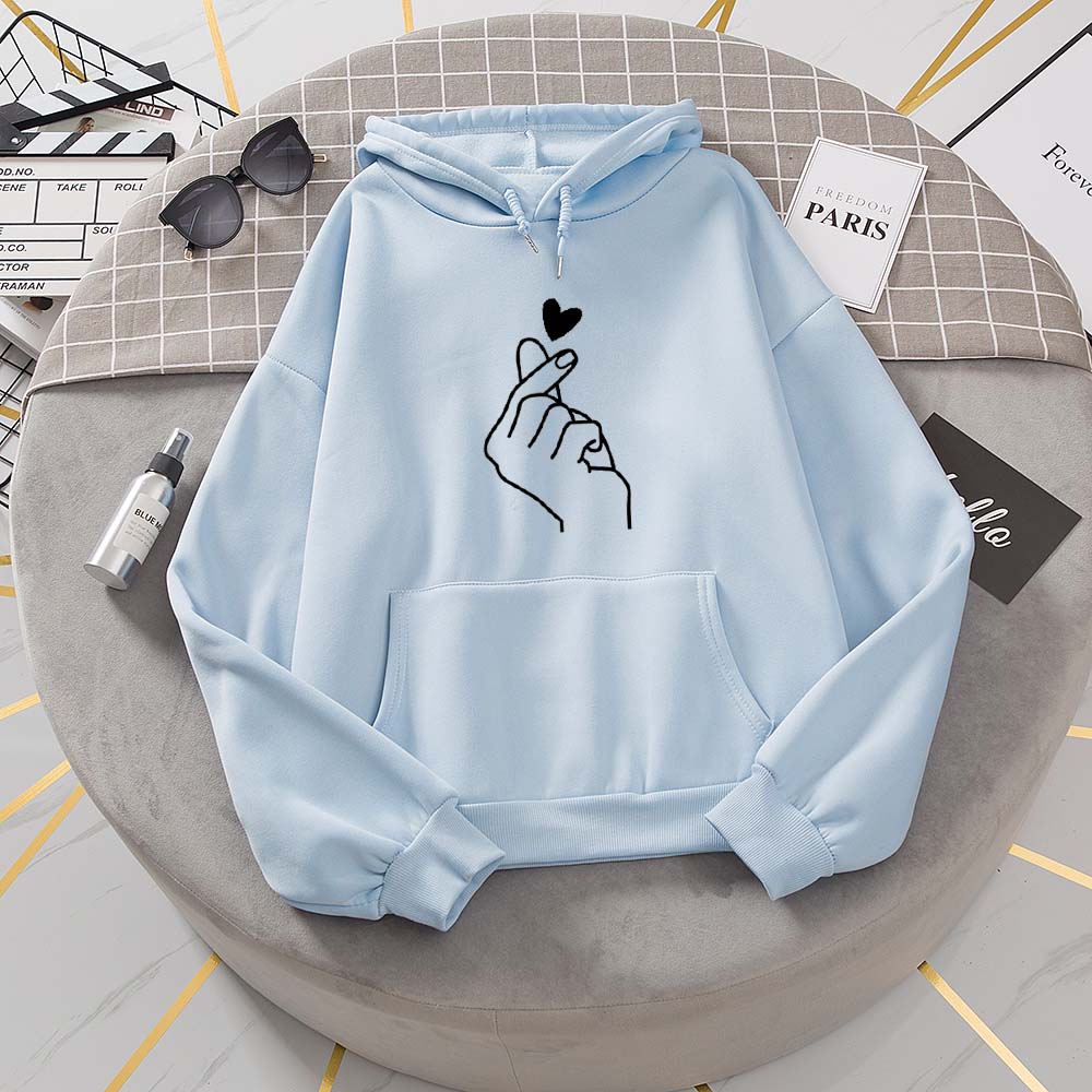 Women Hoodies Casual Kpop Finger Heart Love Pattern Hoody Sweatshirts Fashion Hoodie Long Sleeve Female Pullovers Streetwear