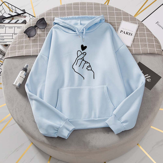 Women Hoodies Casual Kpop Finger Heart Love Pattern Hoody Sweatshirts Fashion Hoodie Long Sleeve Female Pullovers Streetwear