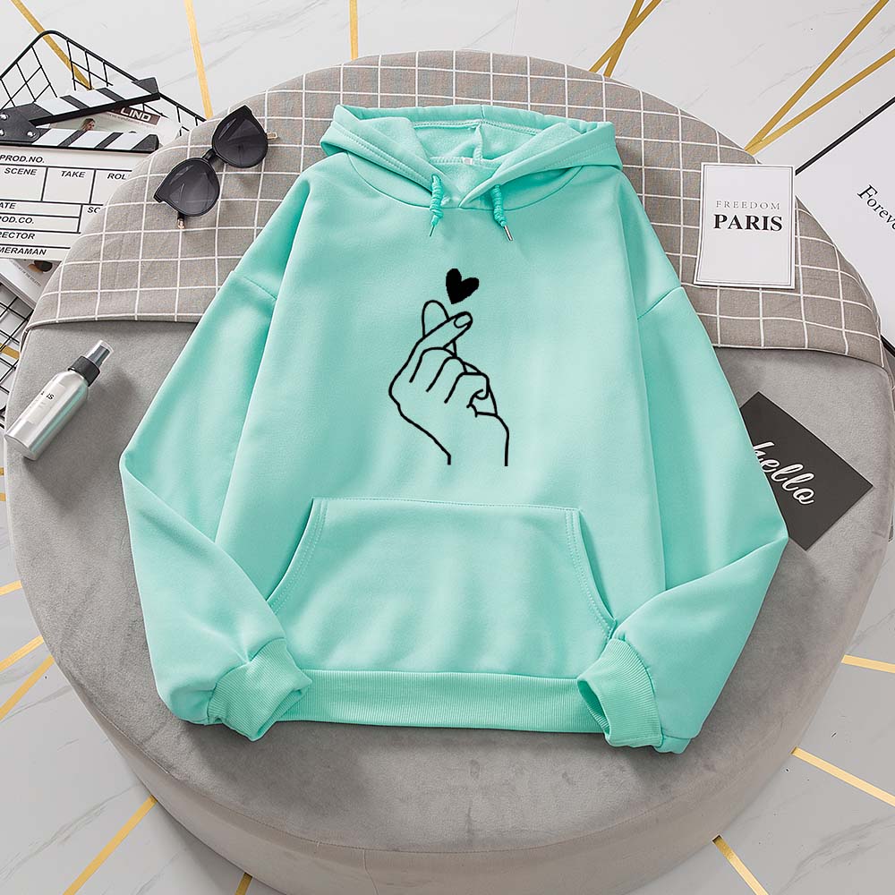 Women Hoodies Casual Kpop Finger Heart Love Pattern Hoody Sweatshirts Fashion Hoodie Long Sleeve Female Pullovers Streetwear