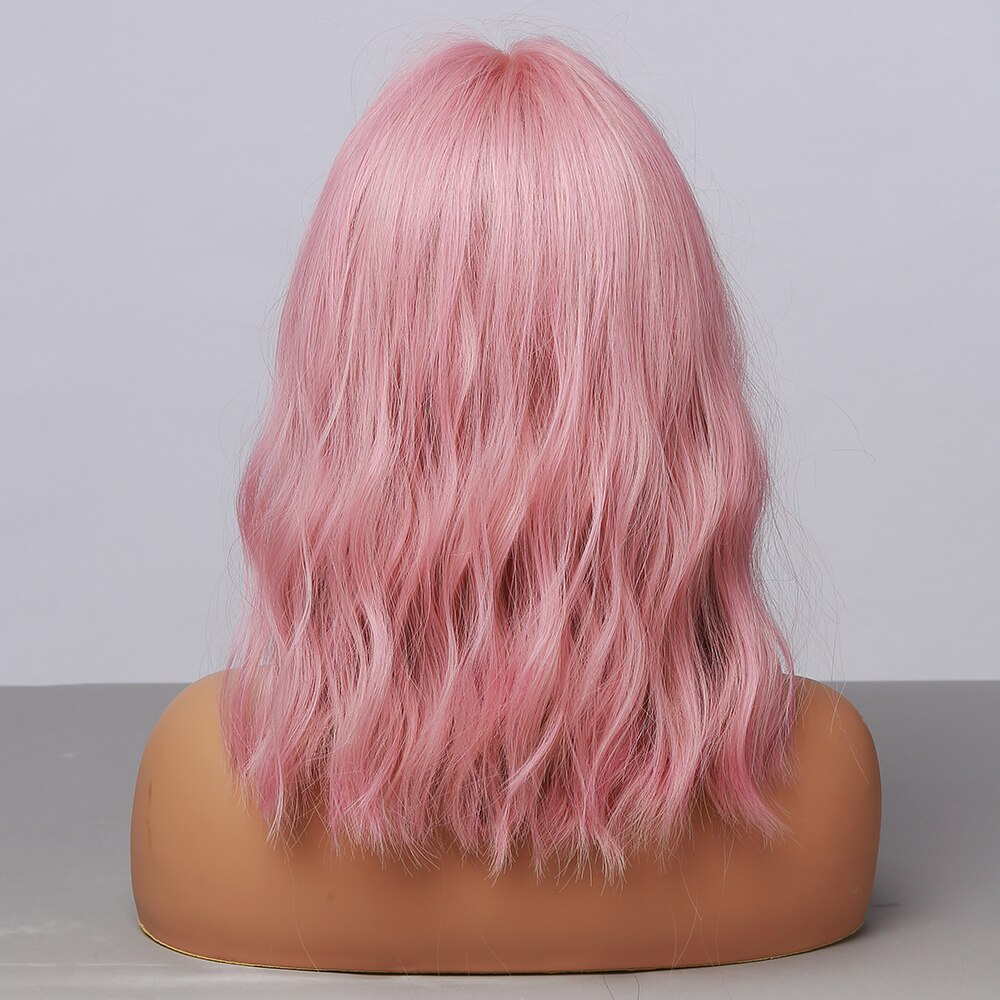 Medium Length Water Wave Synthetic Wigs Cute Pink