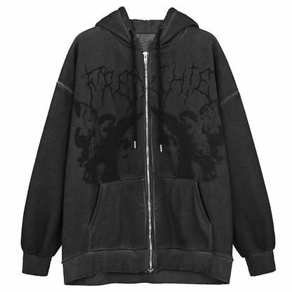 Vintage Angel Print Oversized Hoodies Female Zip Up Long Sleeve Women&#39;s Sweatshirt Y2K Aesthetic Autumn Gothic Grunge Streetwear