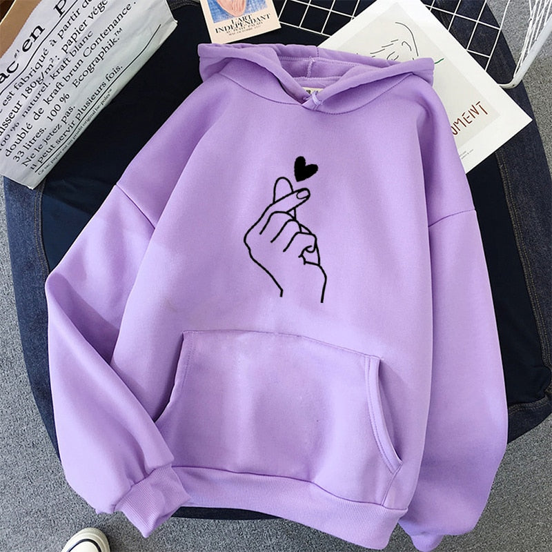 Women Hoodies Casual Kpop Finger Heart Love Pattern Hoody Sweatshirts Fashion Hoodie Long Sleeve Female Pullovers Streetwear