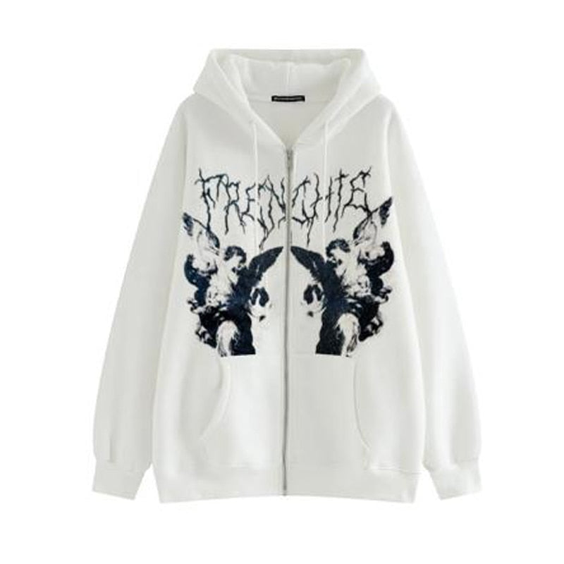 Vintage Angel Print Oversized Hoodies Female Zip Up Long Sleeve Women&#39;s Sweatshirt Y2K Aesthetic Autumn Gothic Grunge Streetwear