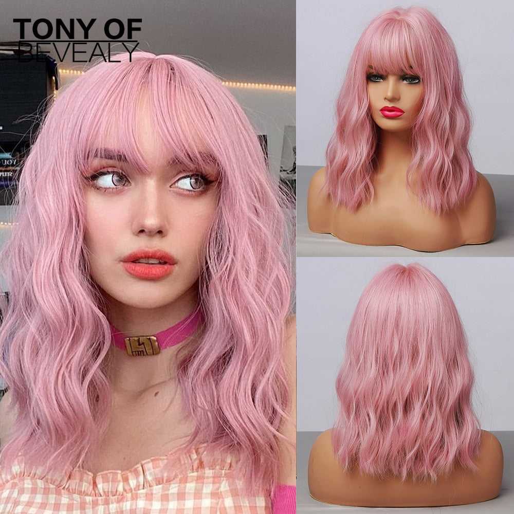 Medium Length Water Wave Synthetic Wigs Cute Pink