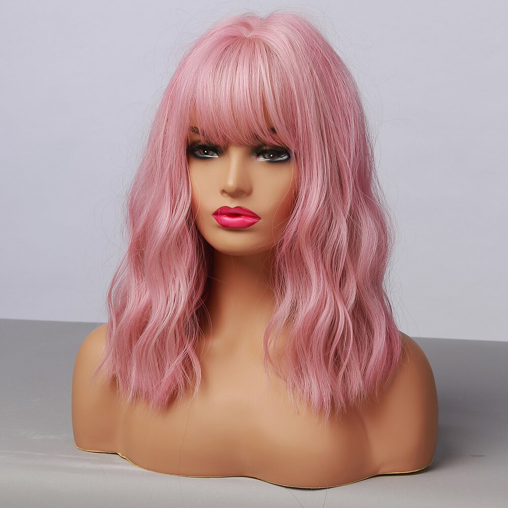 Medium Length Water Wave Synthetic Wigs Cute Pink