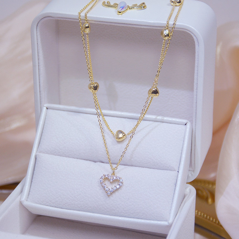 14k Plated Gold Double Layer Heart Necklace