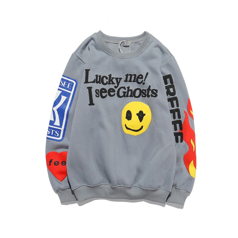 Harajuku rétro Smiley flamme imprimé col rond sweats hommes et femmes Plus velours Streetwear polaire à capuche pull