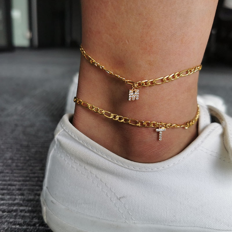 Crystal Zircon Initial Letter Anklets For Women Stainless Steel Ankle Bracelet On The Leg Chain Boho Women Jewelry Gifts