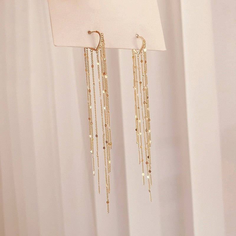 Korean Glossy Arc Bar Long Tassel Earrings