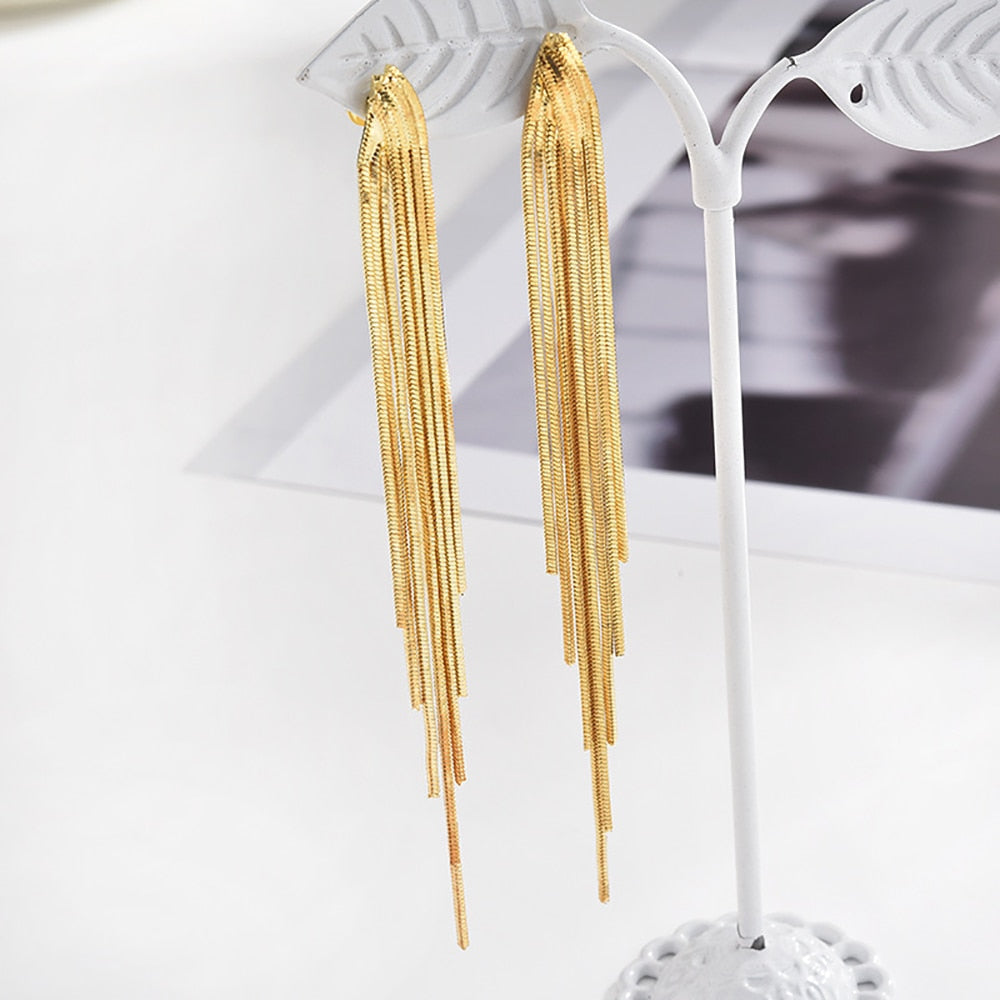 Korean Glossy Arc Bar Long Tassel Earrings