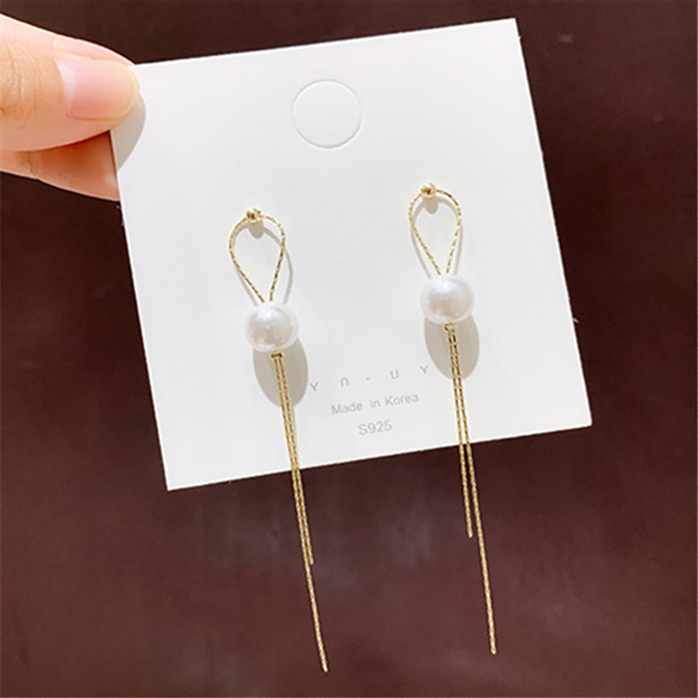 Korean Glossy Arc Bar Long Tassel Earrings