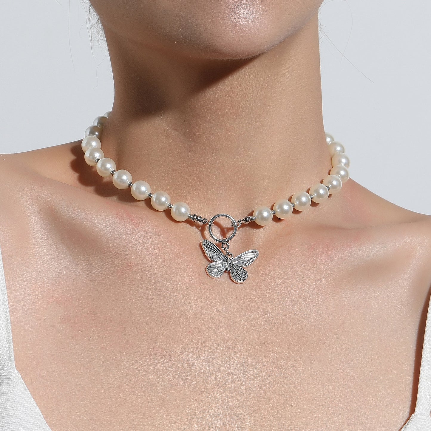 Antique Pearl Chain Necklace With Butterfly