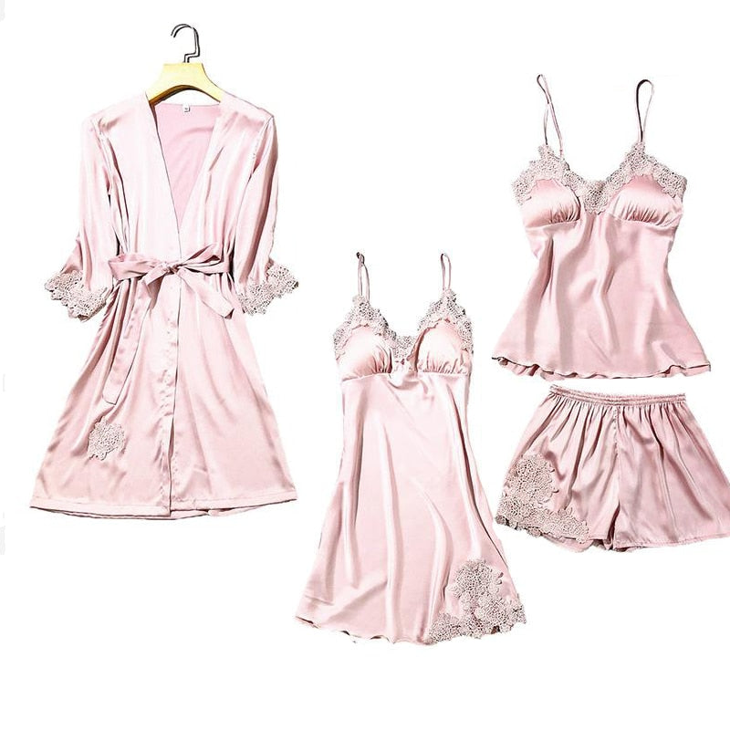 Satin Lace Pajamas Set Women Strap Top Pants Sleepwear Sleep Suit Spring Autumn Pyjamas Home Wear Nightwear Robe Gown M-XXL