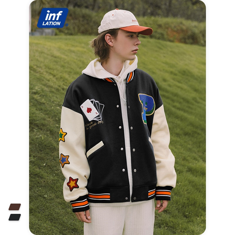 INFLATION Streetwear Vintage Baseball Veste Hommes Haute Qualité Serviette Broderie Veste Couple Polaire Bomber Manteau