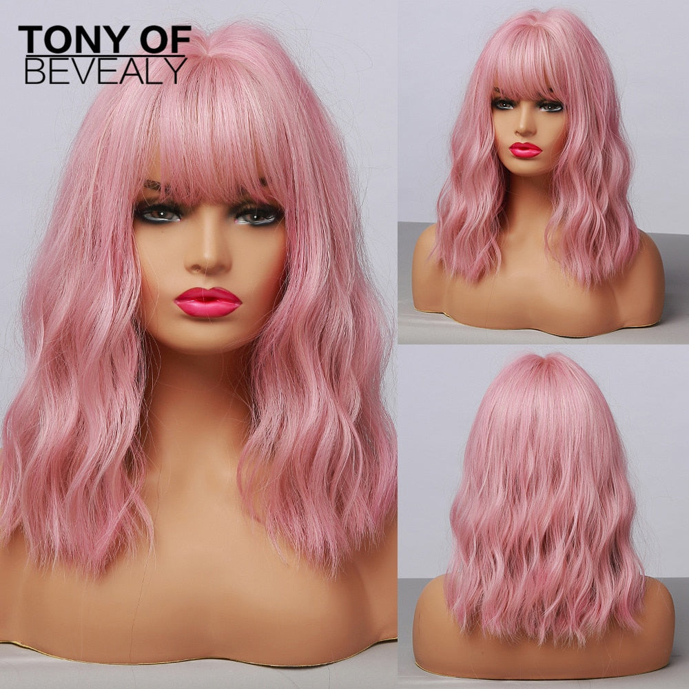 Medium Length Water Wave Synthetic Wigs Cute Pink