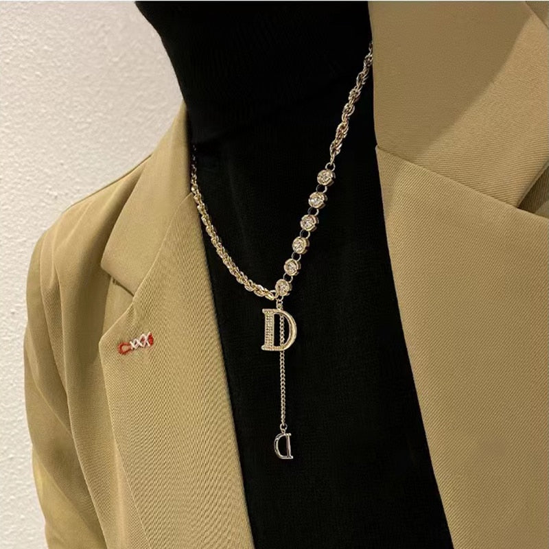 Zircon D Letter Pendant Long Necklace