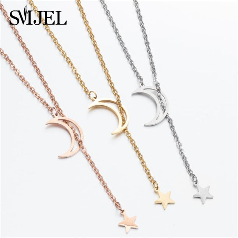 Simple Y Chain Hollow Moon Necklaces