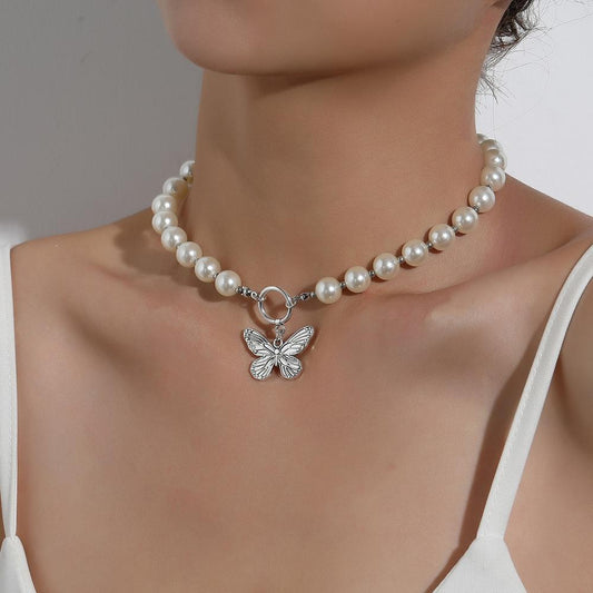 Antique Pearl Chain Necklace With Butterfly