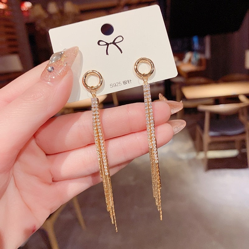 Korean Glossy Arc Bar Long Tassel Earrings