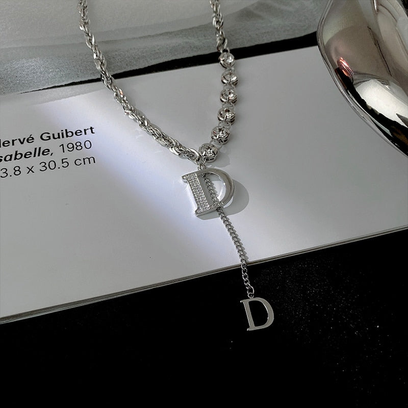 Zircon D Letter Pendant Long Necklace