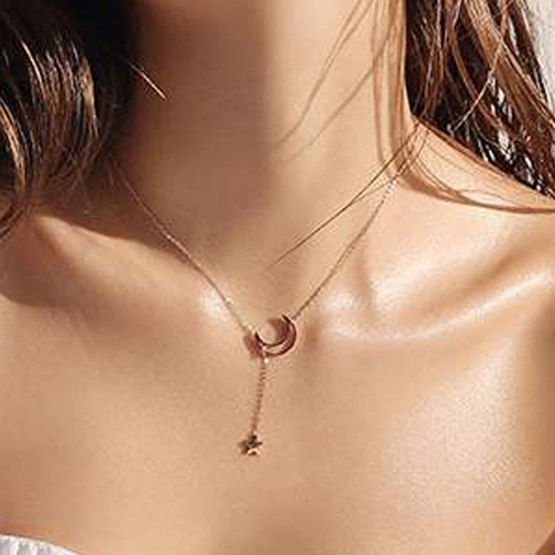 Simple Y Chain Hollow Moon Necklaces