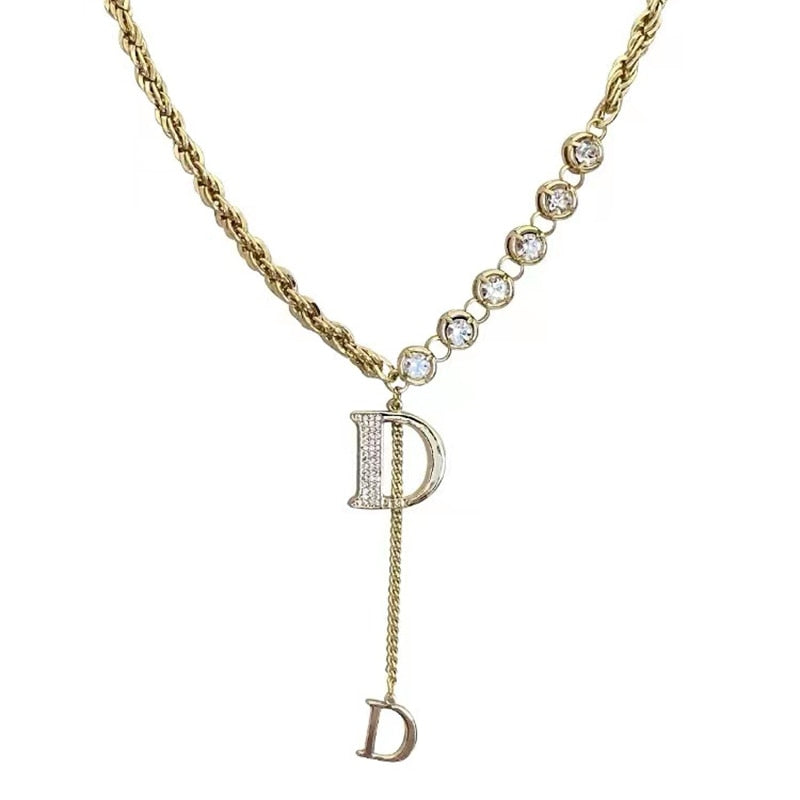 Zircon D Letter Pendant Long Necklace